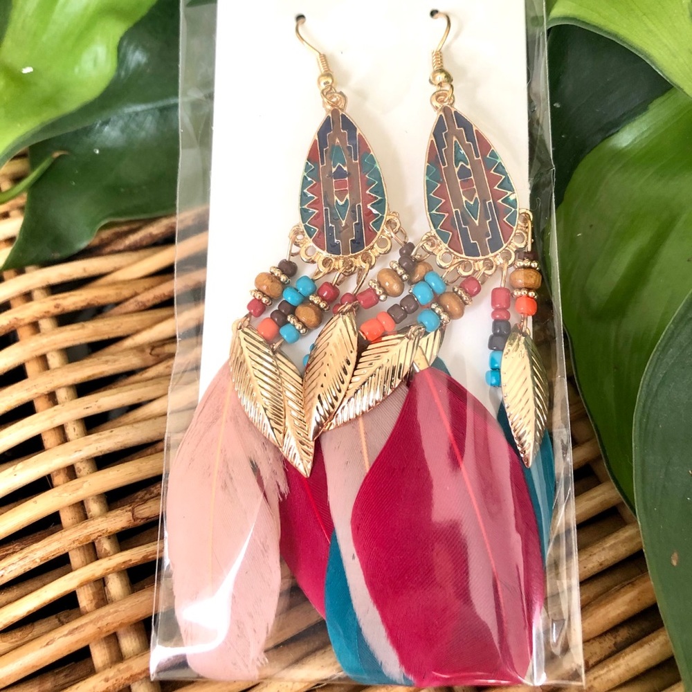 Colorful Feather and Bead Boho Style Earrings